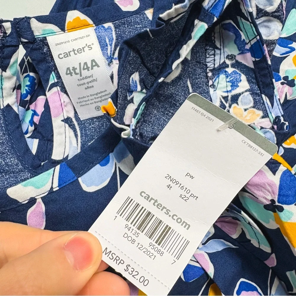 NWT Carters Navy Blue Floral Ruffle Sleeve Dress Toddler Size 4T NEW